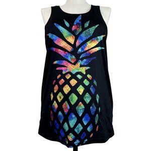 Womens Colorful Pineapple Print Tank Top Black Sleeveless Tropical Rainbow Sz L